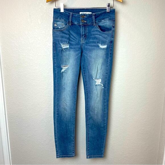 KANCAN Mid Wash Distressed Skinny Jeans Double Button Waistband Size 27 - Picture 1 of 8